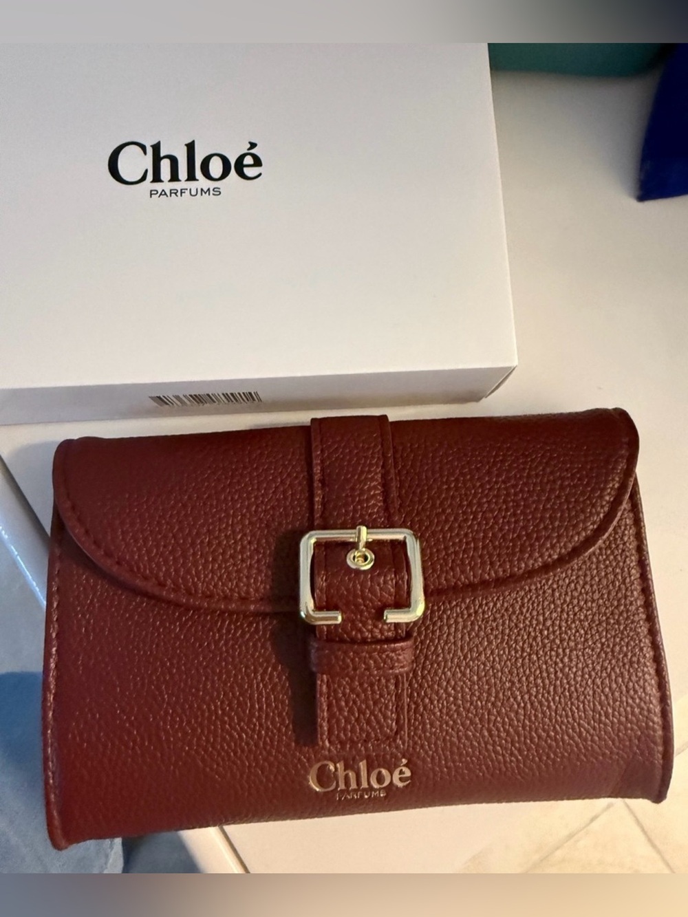 Chloé Burgundy Pebbled Leather Key & Card Holder with Gold Buckle